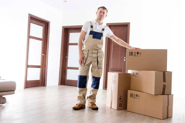 Relocation service man with cardboard box in room of apartment. Mover in home. Worker loader in uniform and many boxes in house stock photo