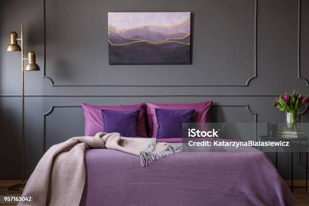 Elegant Violet Bedroom Interior Stock Photo - Download Image Now - Purple, Bedroom, Lavender - Plant