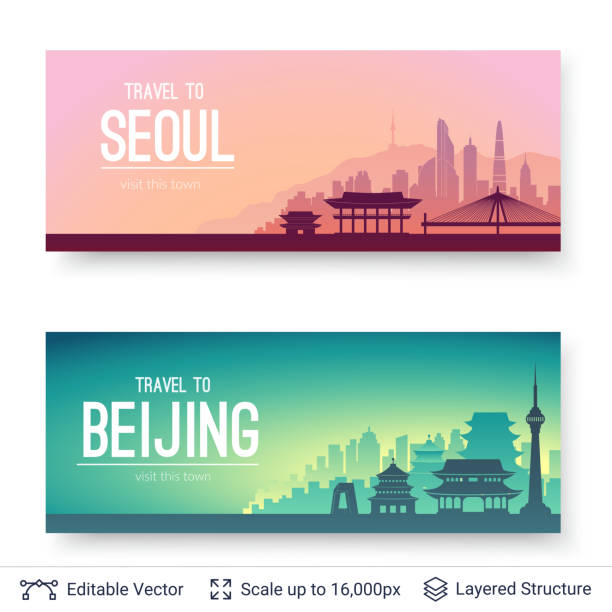 Seoul and Beijing famous city scapes. vector art illustration