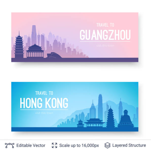 Guangzhou and Hong Kong famous city scapes. vector art illustration