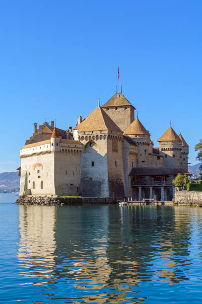 Chillon Castle on Lake Geneva Montreux, Switzerland - October 18, 2017: Chillon Castle on Lake Geneva in Alps mountains at autumn chateau de chillon photos stock pictures, royalty-free photos & images