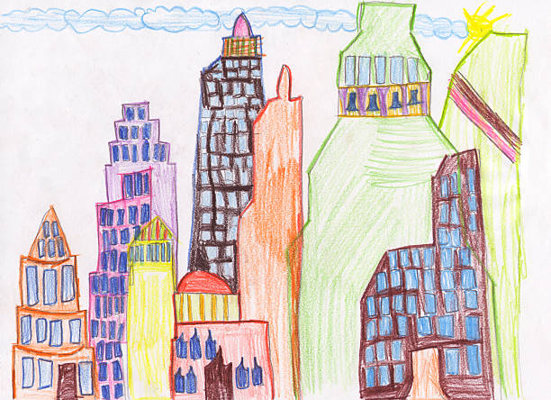 Child's drawing skyscraper city pencils and wax crayon drawing of colorful skyscraper city. scanned image, ideal for B1 (100x70cm) poster. childs drawing stock pictures, royalty-free photos & images