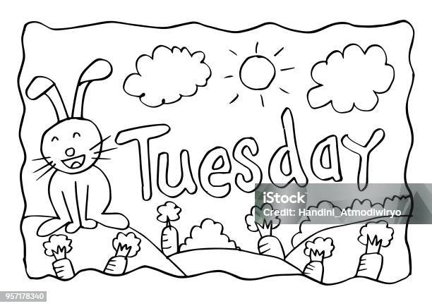 Tuesday Coloring Page With Rabbit Stock Illustration - Download Image Now - Animal, Art Product, Beauty