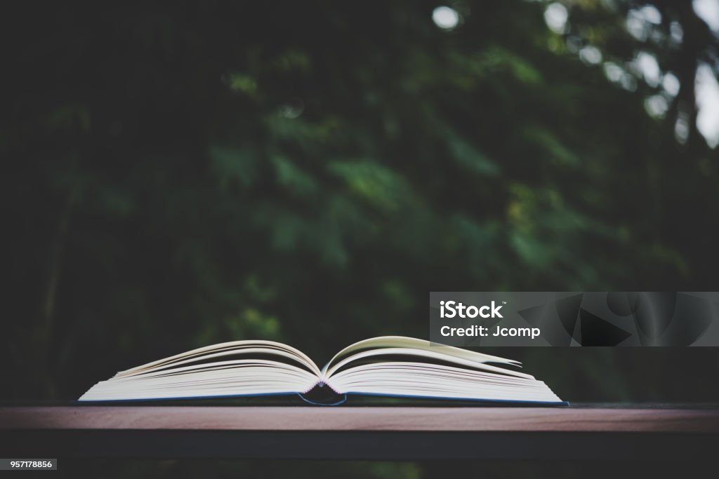 Open book on wooden table outdoors Open Stock Photo