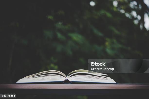 Open Book On Wooden Table Outdoors Stock Photo - Download Image Now - Open, Outdoors, Art