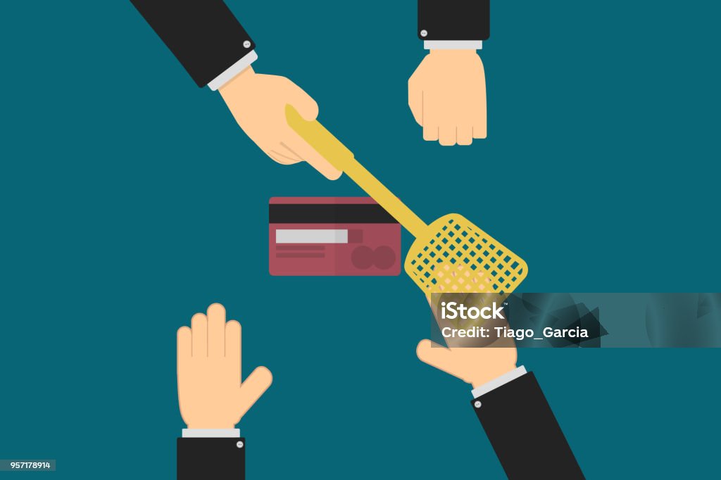 Executive hands prevent the account holder from withdrawing their line of credit, a card, personal finance concept Executive hands prevent the account holder from withdrawing their line of credit, a card, personal finance concept. flat style design Agreement stock vector