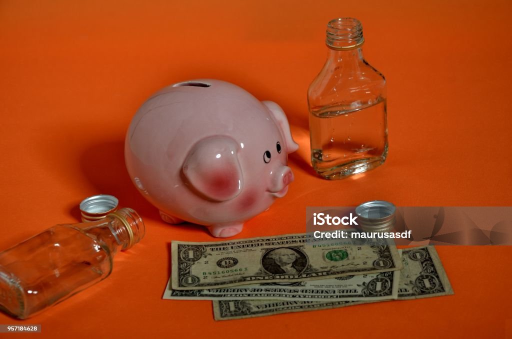 Sparschwein, einem Dollar-Scheine und Schnapsflaschen - Lizenzfrei 1-Dollar-Schein Stock-Foto