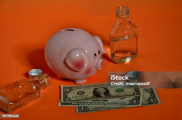 Sparschwein Einem Dollarscheine Und Schnapsflaschen Stockfoto und mehr Bilder von 1-Dollar-Schein