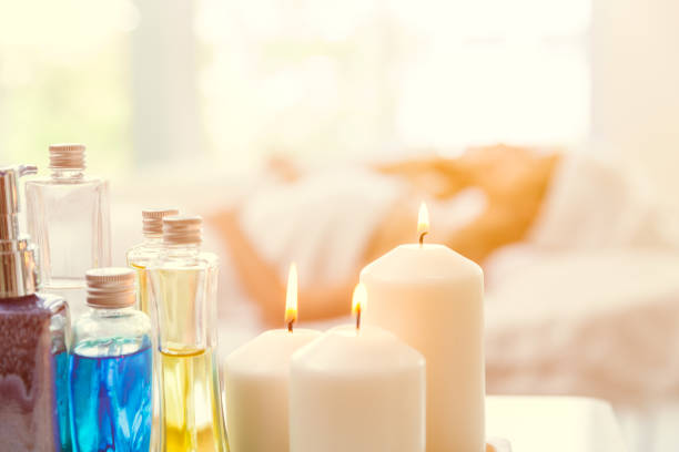 istock Spa candle aroma oil decoration for background with space for text 957194518