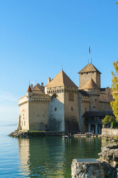 Chillon Castle on Lake Geneva Montreux, Switzerland - October 18, 2017: Chillon Castle on Lake Geneva in Alps mountains at autumn chateau de chillon photos stock pictures, royalty-free photos & images