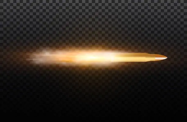 Vector illustration of Flying bullet with dust trail. Isolated on black transparent background. Vector illustration