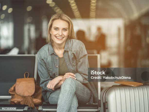 Beaming Lady Locating In Lounge Zone Stock Photo - Download Image Now - Airport, One Woman Only, Women