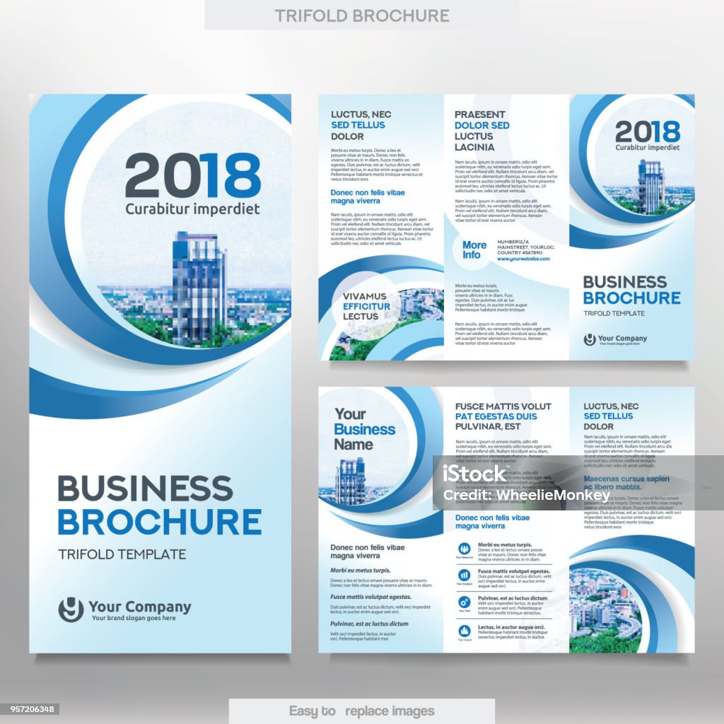 Business Brochure Template in Tri Fold Layout. Business Brochure Template in Tri Fold Layout. Corporate Design Leaflet with replacable image. Brochure stock vector