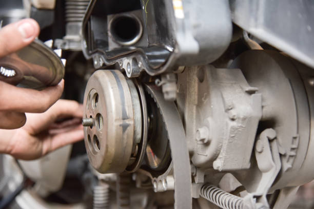 istock Belt drive transmission rotation for motorcycle. 957206746