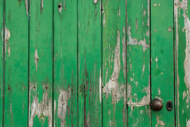 istock Peeling green paint on a wooden door 957214078