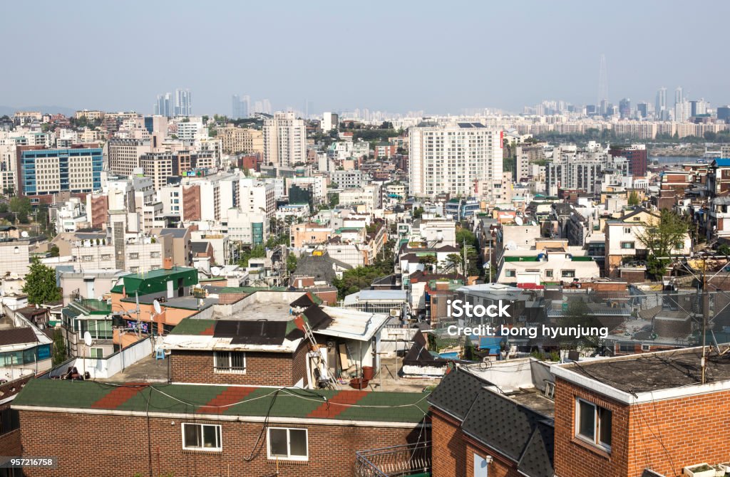 house from above of korea. Aerial view of cityscape Seoul, South Korea. Above Stock Photo