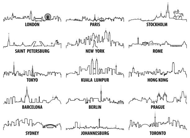 illustrations, cliparts, dessins animés et icônes de icônes de contour vector d’horizons villes monde - barcelone