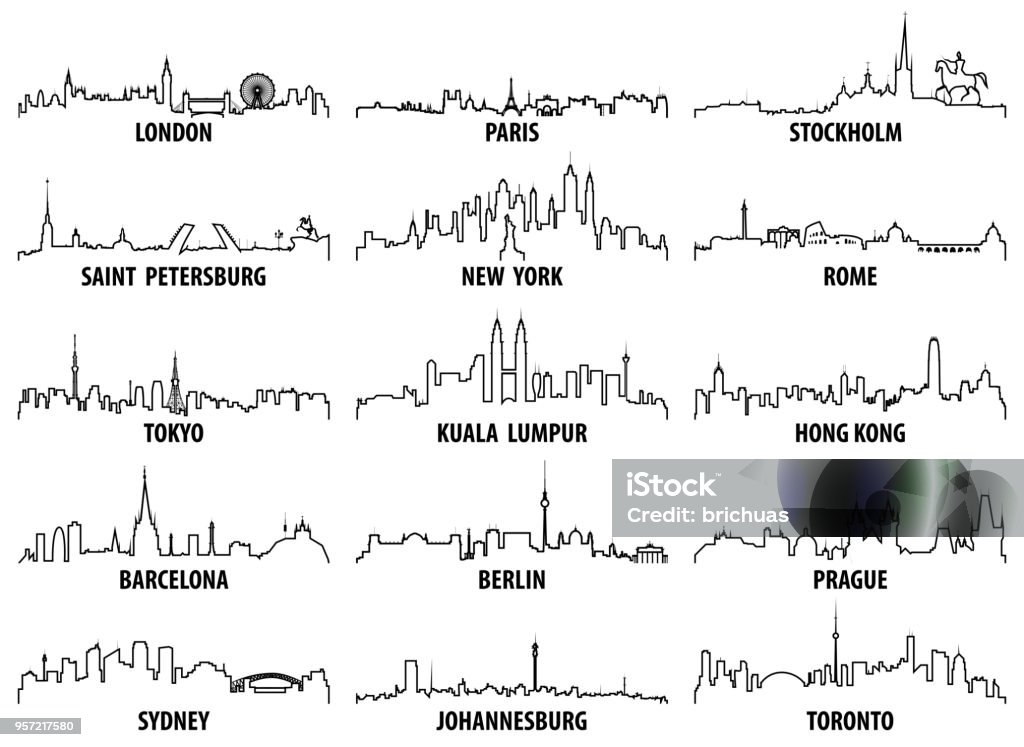 векторные контуры икон горизонтов мировых городов - Векторная графика Линия горизонта роялти-фри