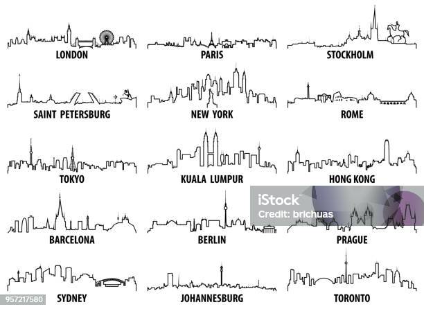 Vector Outline Icons Of World Cities Skylines Stock Illustration - Download Image Now - Urban Skyline, London - England, New York City