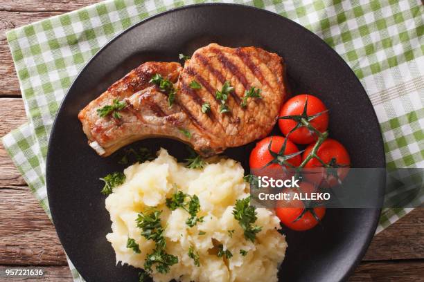 Grilled Pork Steak With Mashed Potatoes Closeup Horizontal Top View Stock Photo - Download Image Now