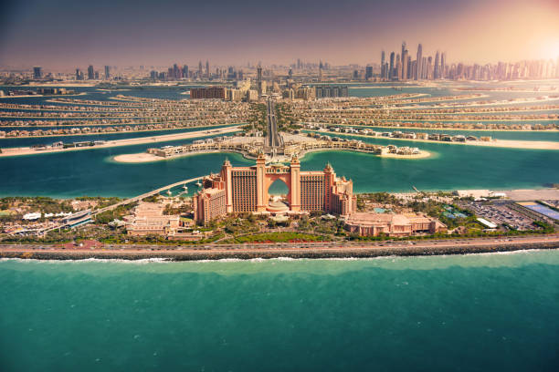 istock Palm Island at sunset, Dubai 957222486