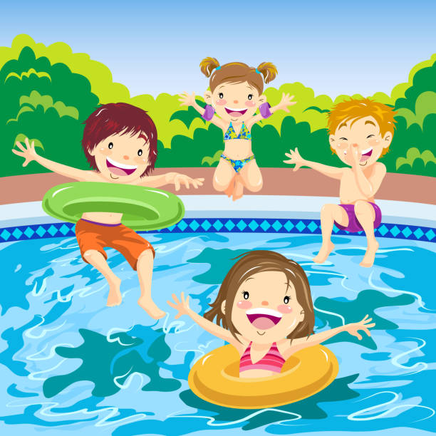 ilustraciones, imágenes clip art, dibujos animados e iconos de stock de niños saltando en la piscina - swimwear child inner tube little girls