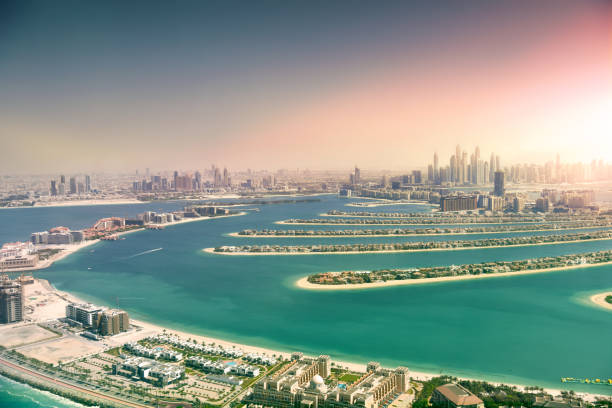 istock Dubai skyline from Palm Island at sunset 957228654
