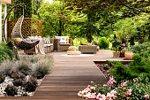 istock Wooden terrace surrounded by greenery 957245348
