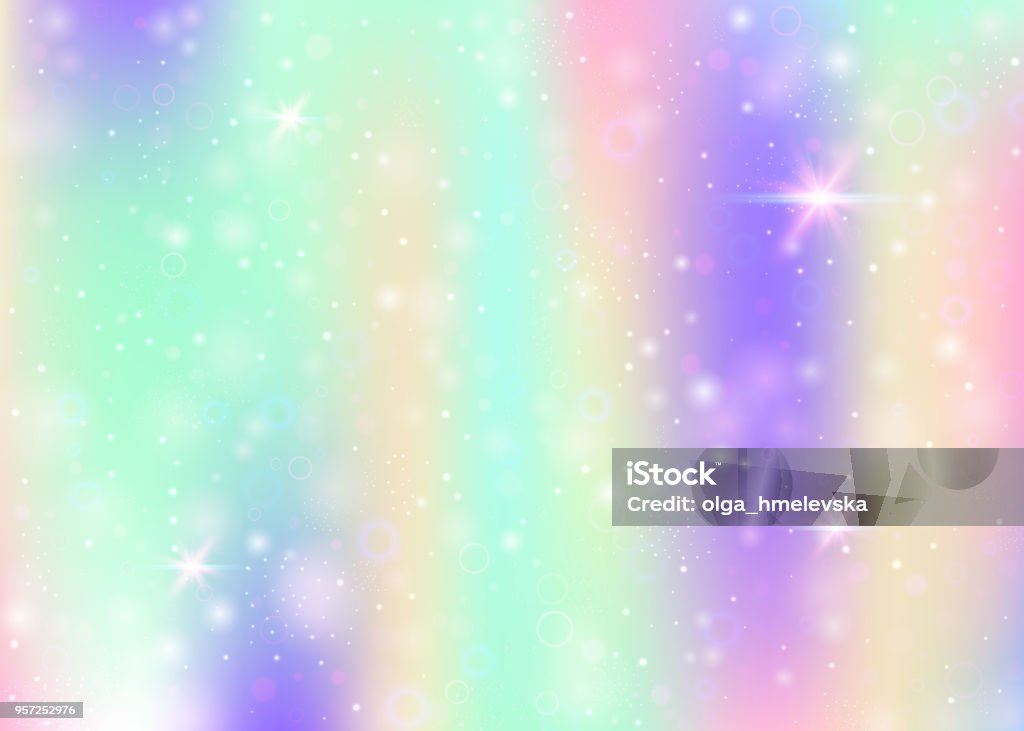 Unicorn background with rainbow mesh. Unicorn background with rainbow mesh. Liquid universe banner in princess colors. Fantasy gradient backdrop with hologram. Holographic unicorn background with magic sparkles, stars and blurs. Rainbow stock vector
