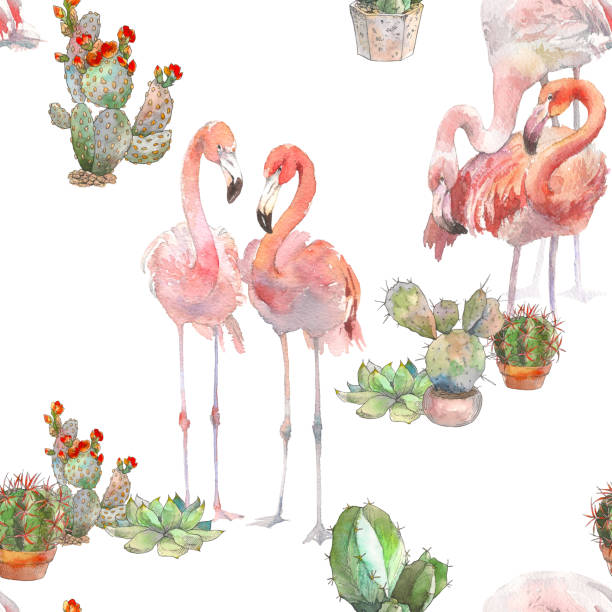 istock Two flamingos with cactus on white background. Watercolor hand drawn seamless pattern. Rastra. Boho modern style. For invitation, textile, birthday party, kids design 957256926