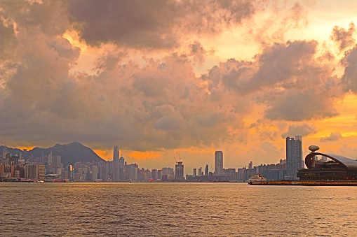 the Hong Kong skyline in sunset