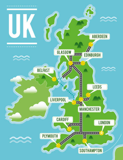 kreskówkowa mapa wektorowa wielkiej brytanii. ilustracja podróżnicza z głównymi miastami wielkiej brytanii. - northern ireland obrazy stock illustrations