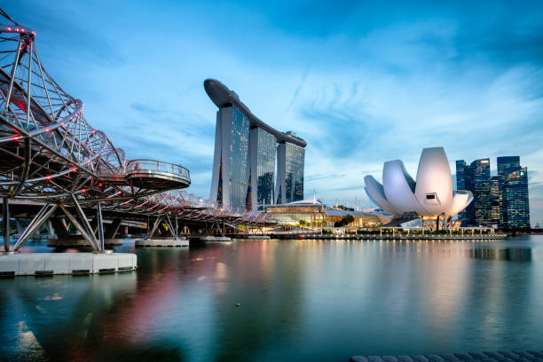 Singapore, Singapore - April 24, 2018: Singapore skyline view during sunset. In the picture the Marina Bay Sands hotek, the Helix Bridge and the ArtScience Museum