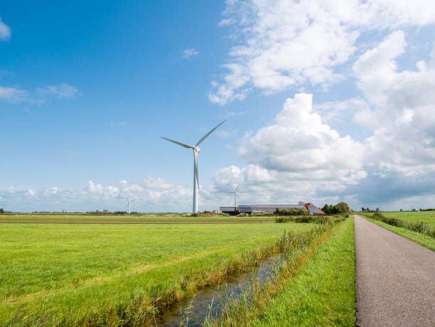 gospodarstwo z panelami słonecznymi i turbiną wiatrową w polder w pobliżu makkum, fryland, holandia - netherlands windmill farm farmhouse zdjęcia i obrazy z banku zdjęć