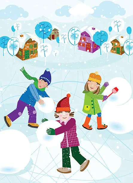 Vector illustration of Children Playing Outdoors Making Snowman In Winter Village