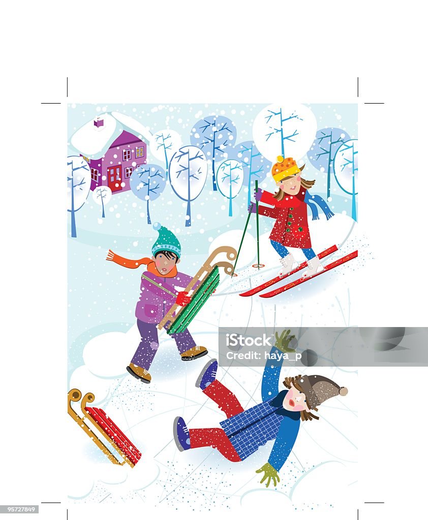 Kinder Skifahren und Sledging - Lizenzfrei Anhöhe Vektorgrafik