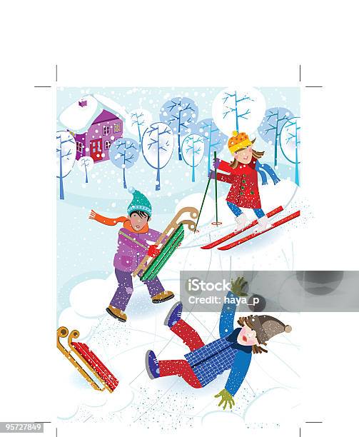 Kinder Skifahren Und Sledging Stock Vektor Art und mehr Bilder von Anhöhe - Anhöhe, Baum, Fallen