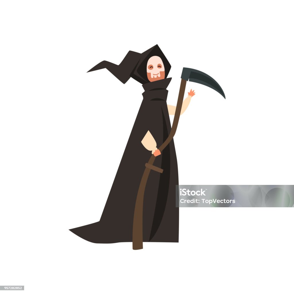 Person wearing in death costume, masquerade, carnival, Halloween party cartoon vector Illustration on a white background Person wearing in death costume, masquerade, carnival, Halloween party cartoon vector Illustration isolated on a white background. Arts Culture and Entertainment stock vector