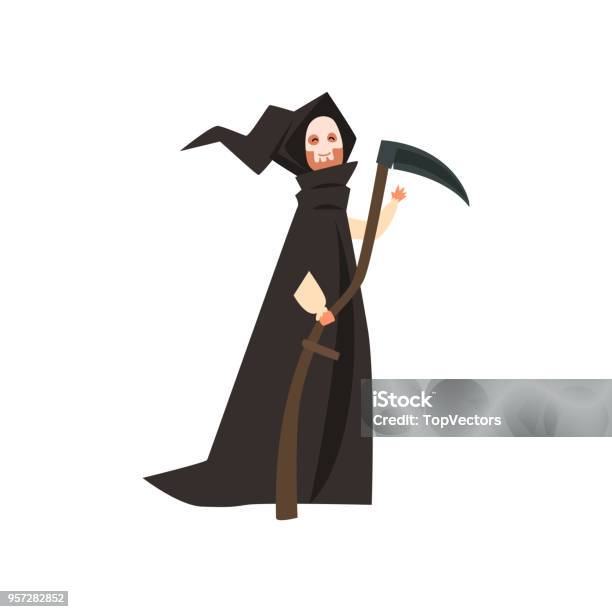 Person Wearing In Death Costume Masquerade Carnival Halloween Party Cartoon Vector Illustration On A White Background Stock Illustration - Download Image Now