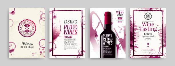와인 디자인 서식 파일의 컬렉션입니다. 브로셔, 포스터, 초청장, 홍보 배너, 메뉴. 와인 얼룩 배경입니다. - red grape stock illustrations