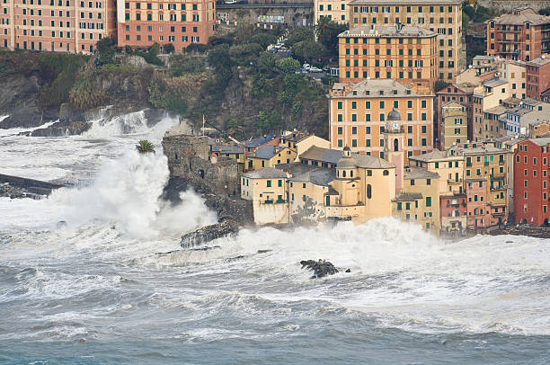 Camogli during a sea storm stock photo