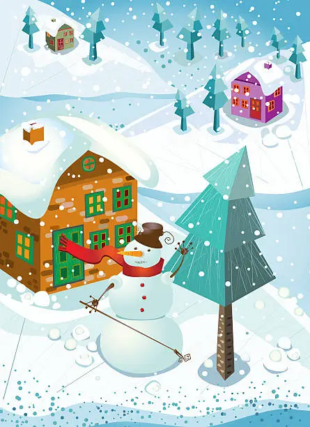 Vector illustration of Christmas Landscape With Houses Covered By Snow, Firs and Snowman