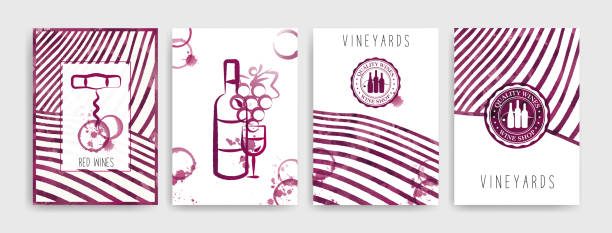 ilustraciones, imágenes clip art, dibujos animados e iconos de stock de colección de plantillas con diseños de vinos. folletos, carteles, tarjetas de invitación, promoción banners, menús. manchas de vino de fondo. - wine tasting