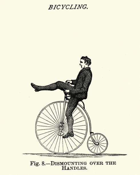 Victorian Sports, Cycling, Learning to ride penny farthing bike Vintage engraving of Victorian Sports, Cycling, Riding a penny farthing bike, 19th Century.  Dismounting over the handles penny farthing bicycle stock illustrations