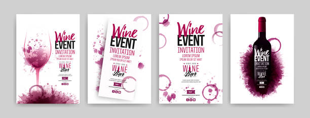 ilustrações de stock, clip art, desenhos animados e ícones de collection of templates with wine designs. brochures, posters, invitation cards, promotion banners, menus. wine stains background. - wine winetasting cellar bottle