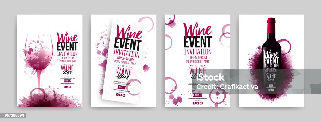 Collection of templates with wine designs. Brochures, posters, invitation cards, promotion banners, menus. Wine stains background. Collection of templates with wine designs. Brochures, posters, invitation cards, promotion banners, menus. Wine stains background. Vector illustration. Layered Wine stock vector