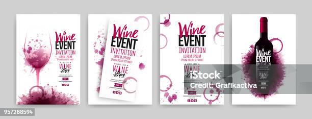 Collection Of Templates With Wine Designs Brochures Posters Invitation Cards Promotion Banners Menus Wine Stains Background Stock Illustration - Download Image Now