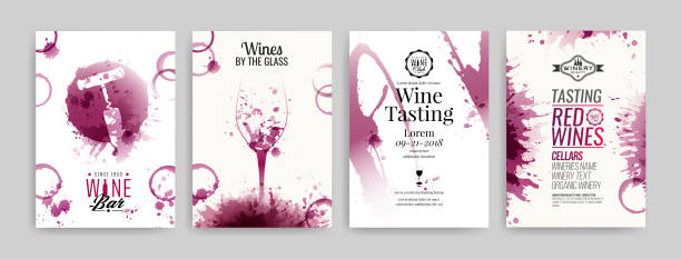 Collection of templates with wine designs. Brochures, posters, invitation cards, promotion banners, menus. Wine stains background. Collection of templates with wine designs. Brochures, posters, invitation cards, promotion banners, menus. Wine stains background. Vector illustration. Layered wine tasting stock illustrations