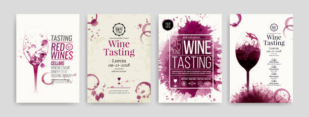 ilustrações de stock, clip art, desenhos animados e ícones de collection of templates with wine designs. brochures, posters, invitation cards, promotion banners, menus. wine stains background. - red wine