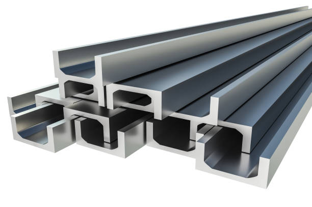 Steel metal profiles in u-bar shape - industry concept stock photo